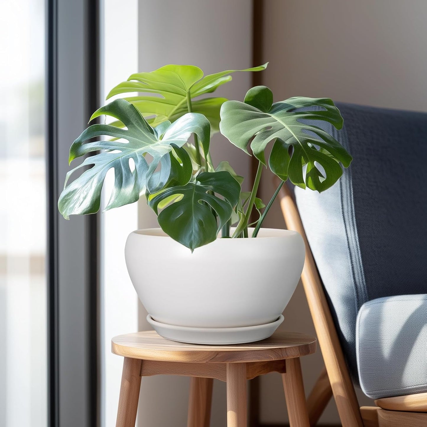 Ceramic Planter for Indoor Plants - 11 Inch Plant Pot with Drainage Hole and Saucer Decorative Round Large Planter Pot for Plants Outdoor Flower Pot for Garden White