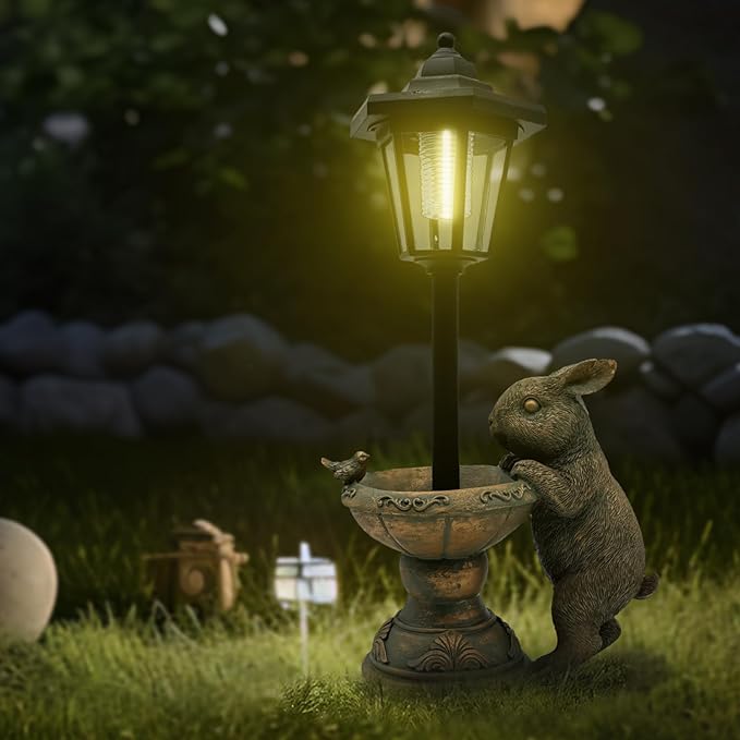 Rabbit Garden Statue with Solar Lantern - 15.8“ Outdoor Bunny Statue Bronze Resin Rabbit Figurines for Outside, Yard, Patio, Lawn Decor, Housewarming Gifts for Women, Mom