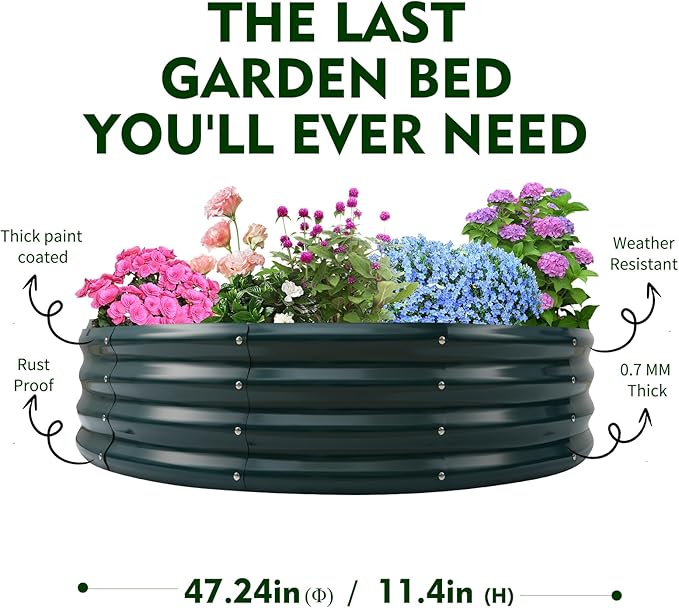 Galvanized Raised Garden Beds for Gardening - 4x4x1ft Round Metal Planter Boxes Above Ground Outdoor for Vegetables,Flowers,Herbs, Garden Container Green