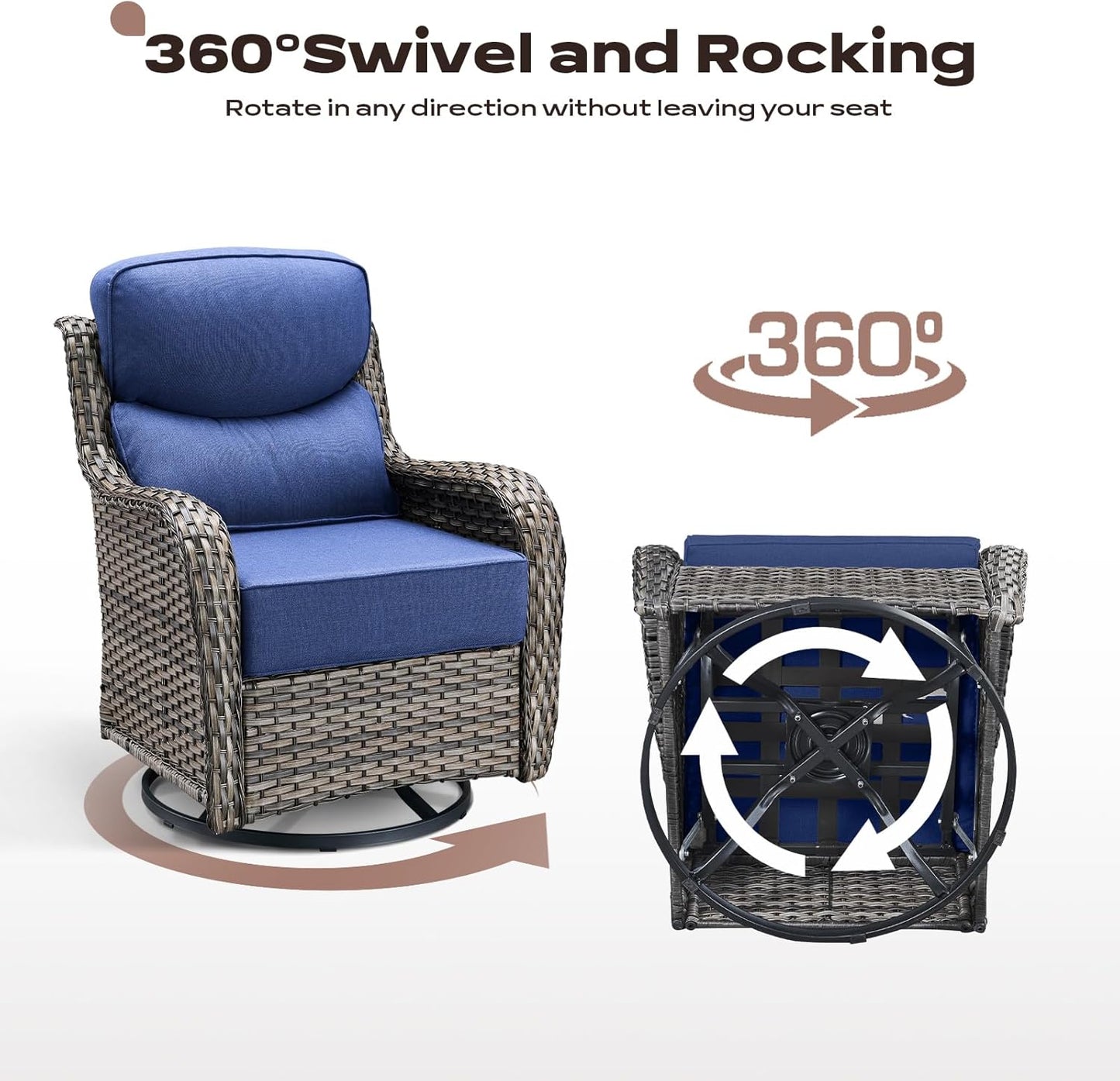 6 Piece Outdoor Patio Swivel Rocker Chairs, Waterproof Wicker, High Back, Deep Seating, Wide Armrest, Upgraded 6 inch Thick Cushions, Side Table, Ideal for Deck Porch Yard, Mixed Grey/Blue