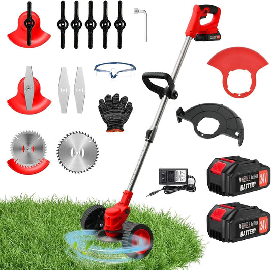 ALSO GO 24V Electric Weed Wacker, 3 in 1 Grass Trimmer with 2pcs Batteries & Fast Charger, Stringless Lightweight Weed Eater/Brush Cutter/Edger with 3 Types Blade & Wheels for Garden and Yard Lawn