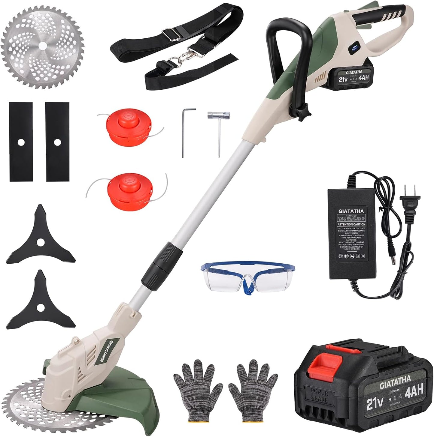 Electric Weed Wacker Cordless, Brushless Grass Trimmer with 21V 4.0Ah Batteries and Charger, 4 Types of Blades String Trimmer, Weed Eater Battery Powered with Shoulder Strap, Lawn Edger Tool