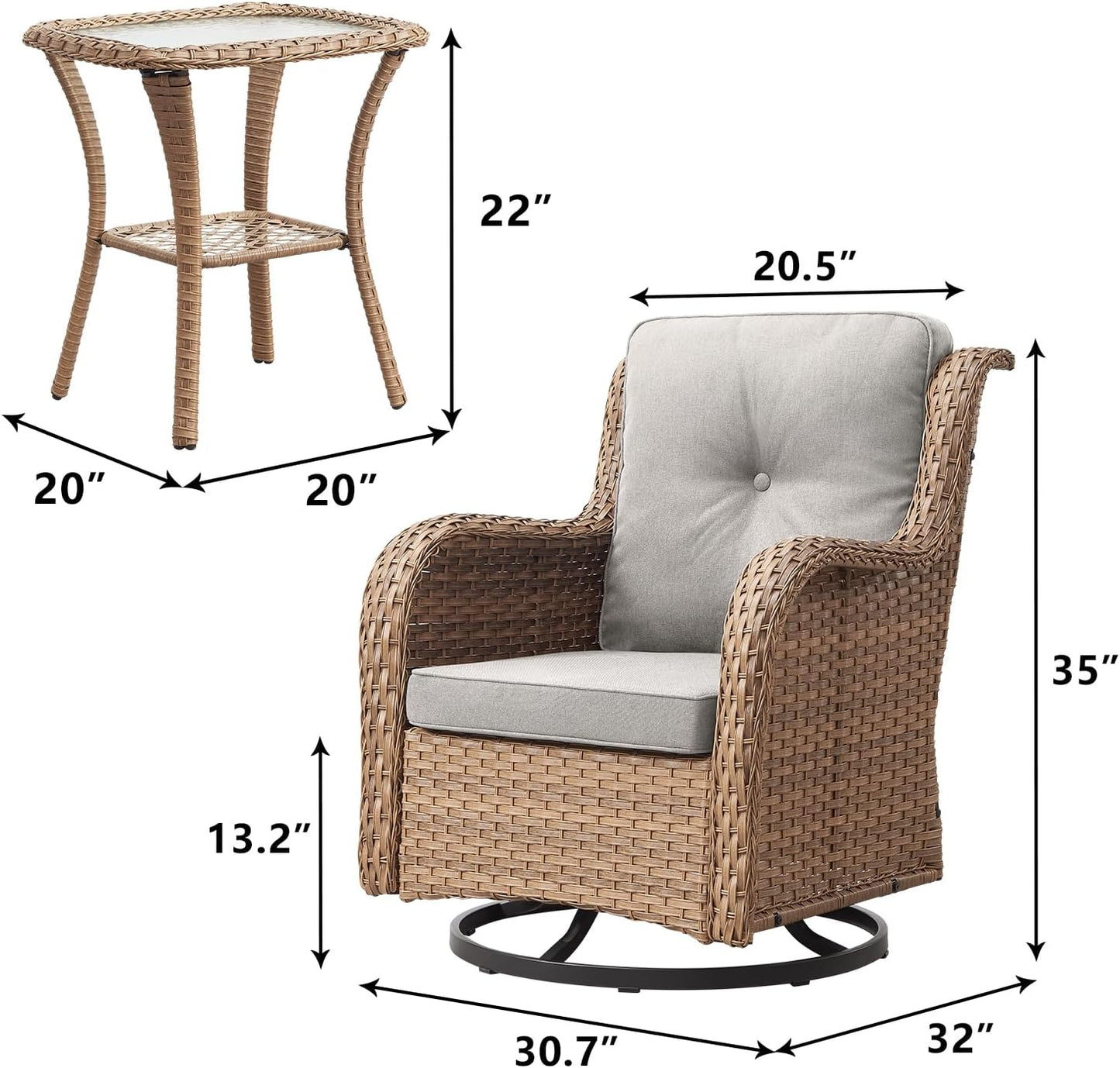 Outdoor Patio Swivel Rocker Chairs - 3 Piece Patio Bistro Set,Wicker Patio Furniture Set with 2 Swivel Rocking Chairs and 1 Glass Top Side Table for Deck Porch Garden,Yellow/Beige
