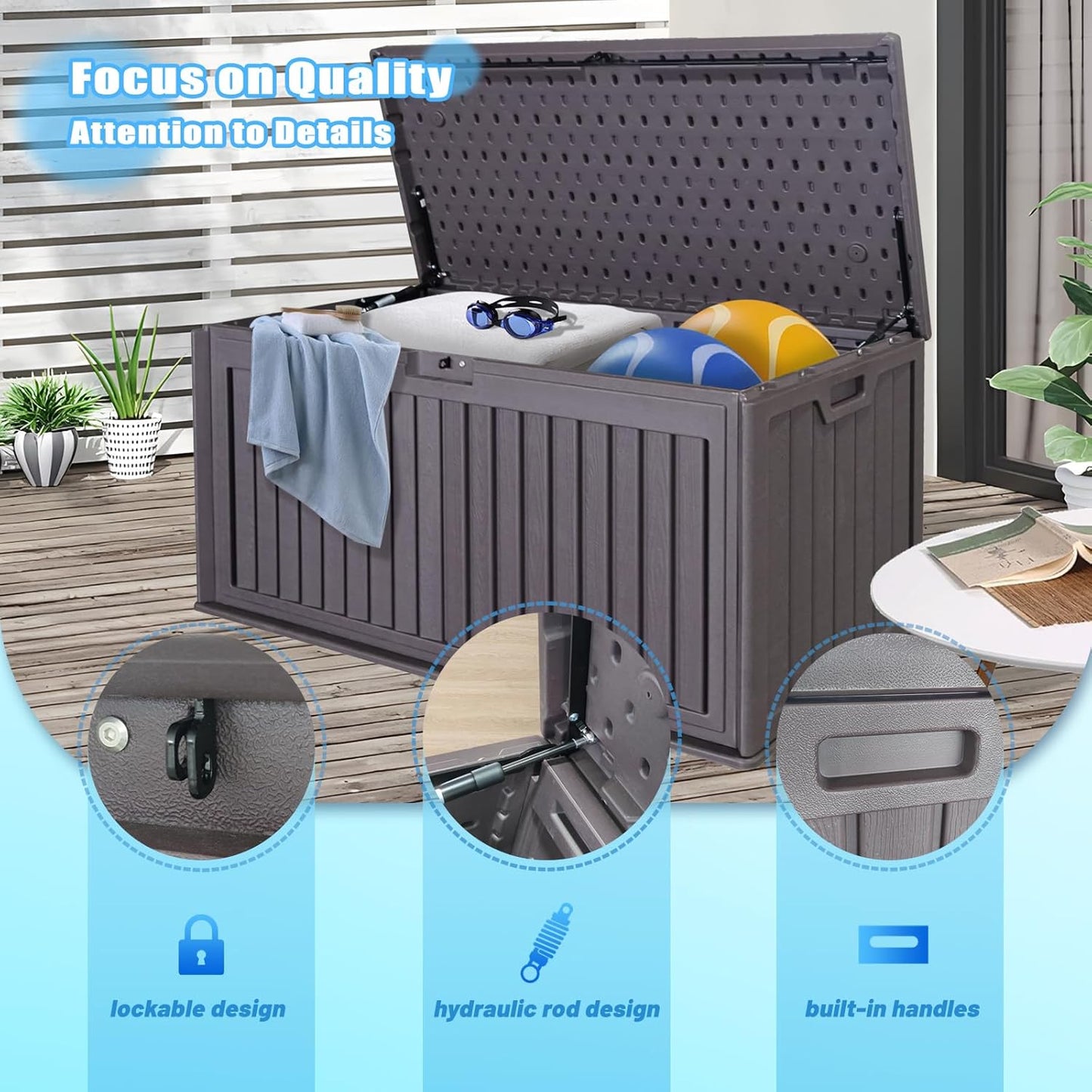 100 Gallon Outdoor Storage Box Waterproof, Resin Deck Box with Dual-Wall, Patio Cushion Storage Box for Garden Tools, Pool Supplies, Toy