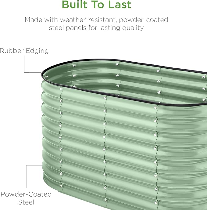 Best Choice Products 4x2x2ft Outdoor Metal Raised Garden Bed, Oval Deep Root Planter Box for Vegetables, Flowers, Herbs, and Succulents w/ 101 Gallon Capacity, Rubber Edge Guard - Sage Green