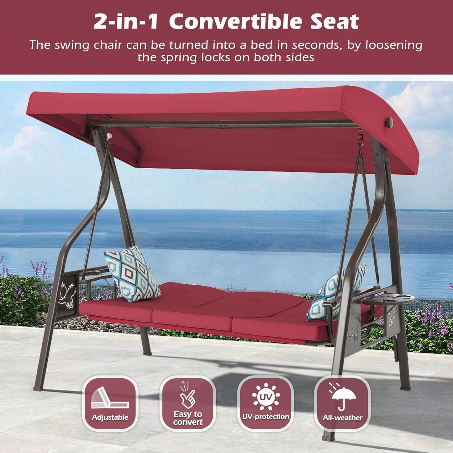 3-Seat Outdoor Porch Swing with Stand, Patio Swing with Canopy, 2 in 1 Porch Swing Bed & Patio Swing Chair for Adult w/Extra Pillows and Cup Holder for Yard (Wine Red)