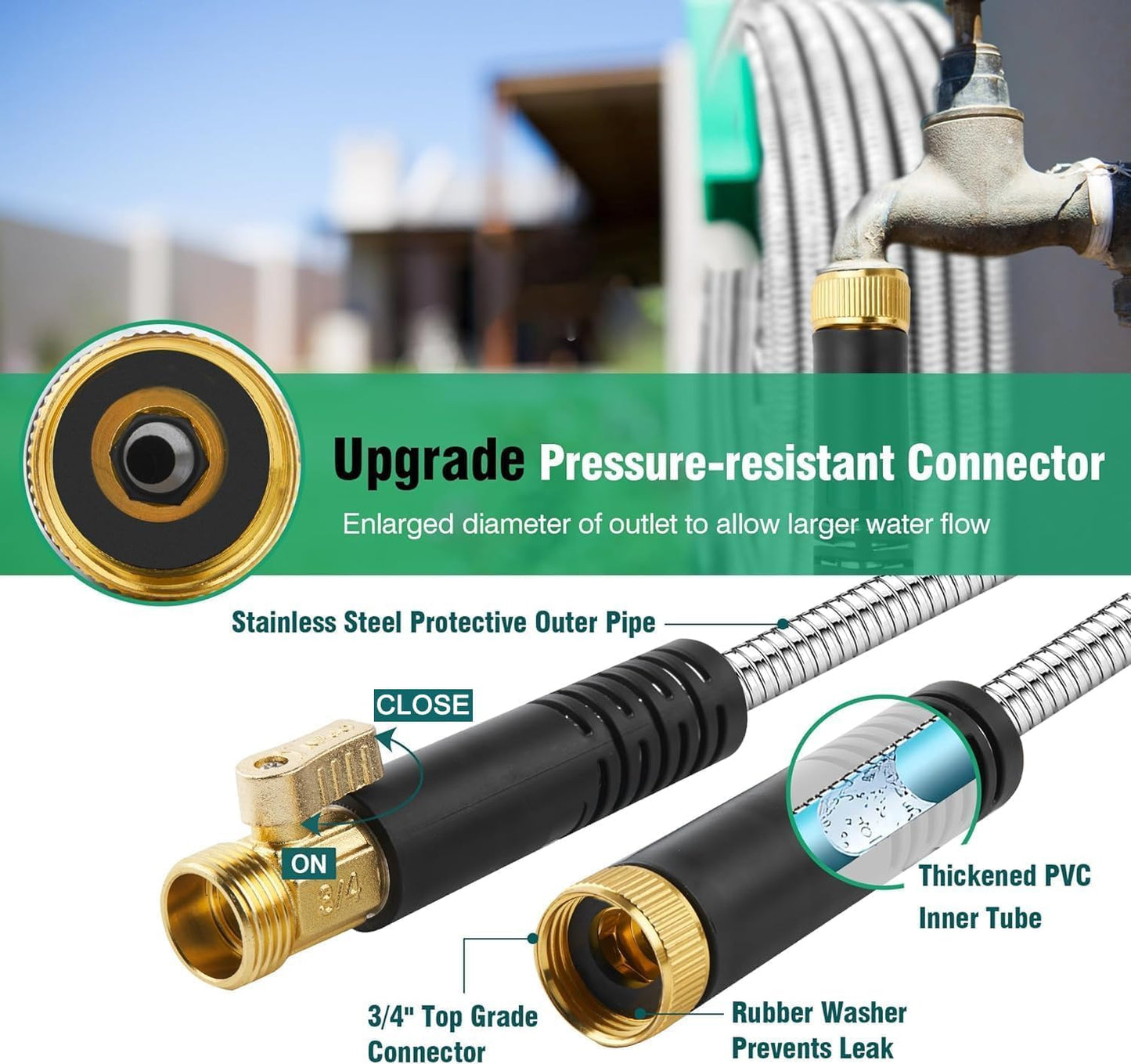 Metal Garden Hose 100Ft Stainless Steel Water Hose Heavy Duty with 10 Way Nozzle-Flexible Lightweight Durable No Kink & Tangle，Strong 3/4’’ Solid Metal Fitting a Stop Valve for Outdoor Yard