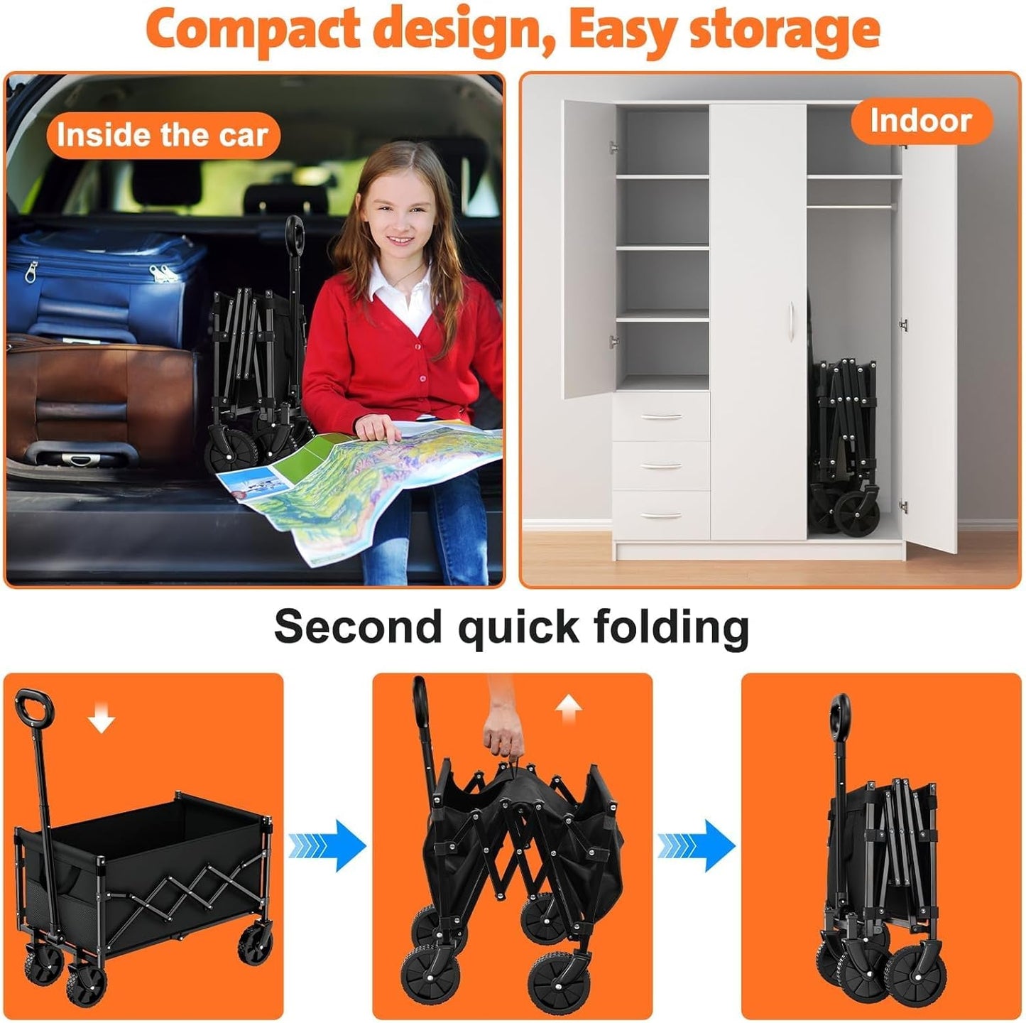 Collapsible Wagon Cart 220lbs Beach Foldable Wagon Lightweight & Portable Folding Utility Grocery Shopping Carts with Wheels for Shopping Garden and Sports