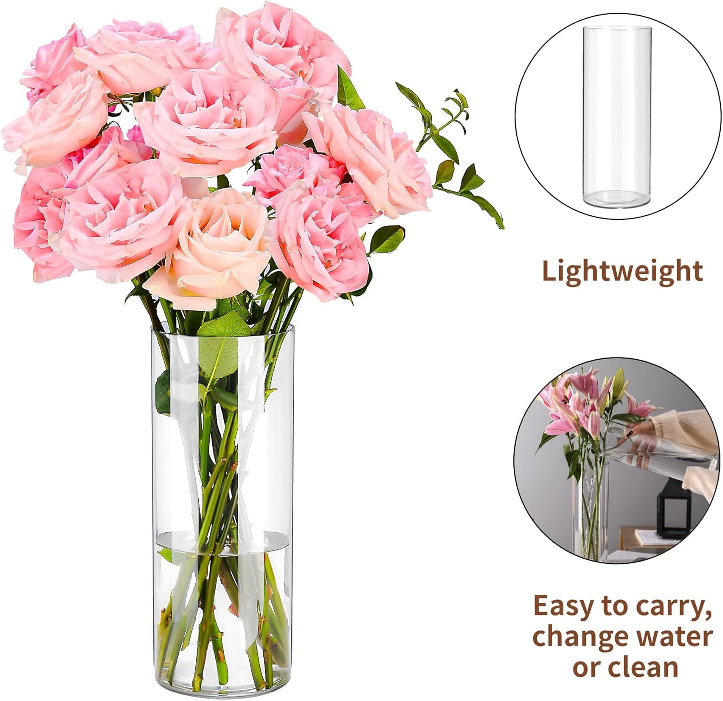 Clear Flower Vase, Non-breakable Vases, 5" W x 12" H, Acrylic Vase, Aesthetic Room Decor Cylindrical Modern Flower Vases for Table Centerpiece, Home Decor, Women Floral Arrangement Gift