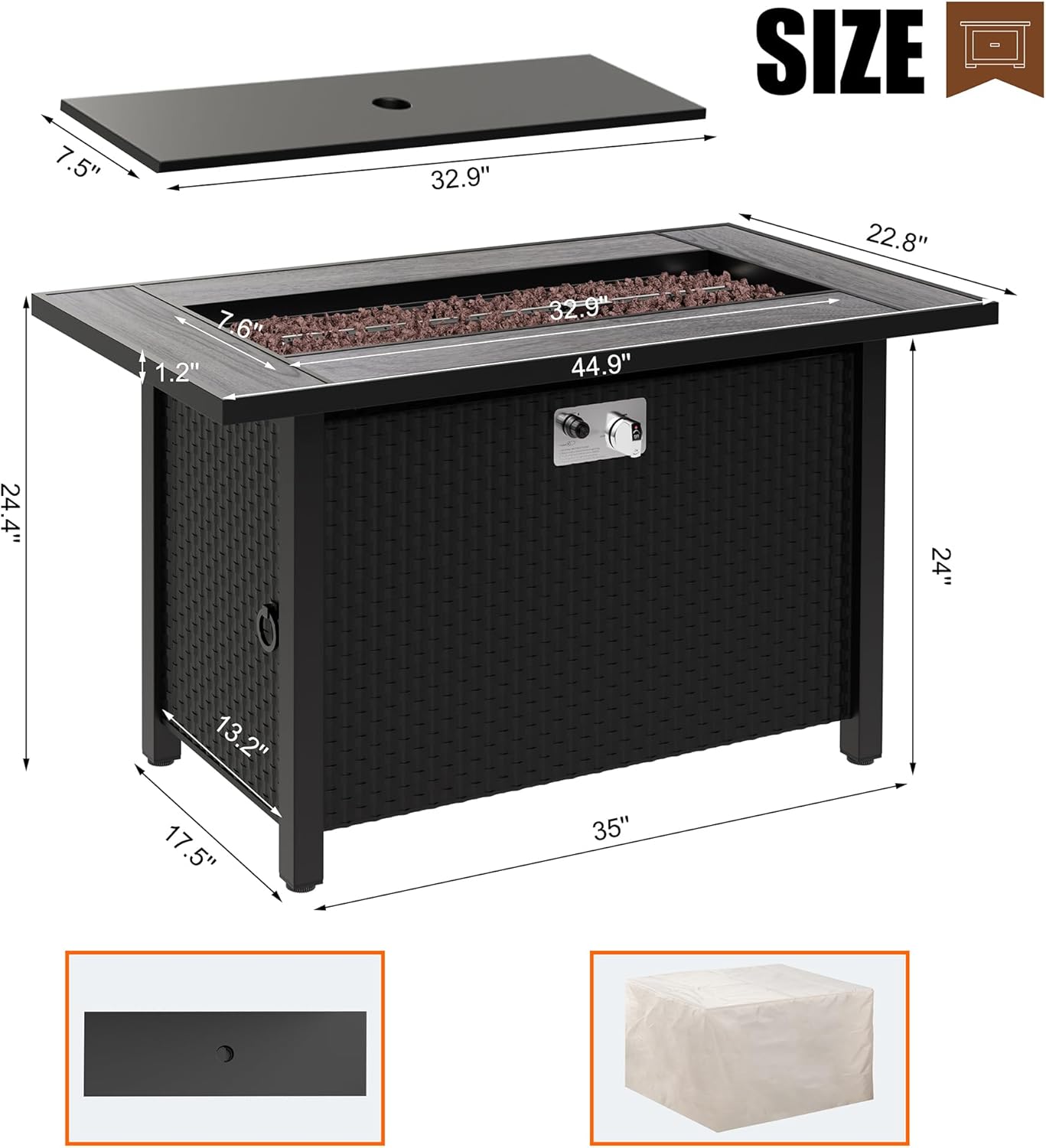 Walsunny 45 inch Outdoor Propane Fire Pit 50,000 BTU Gas Fire Pit Table with Lid, Lava Rock, Waterproof Cover, Rectangle Gas Firepit Table for Garden/Patio, CSA Certification