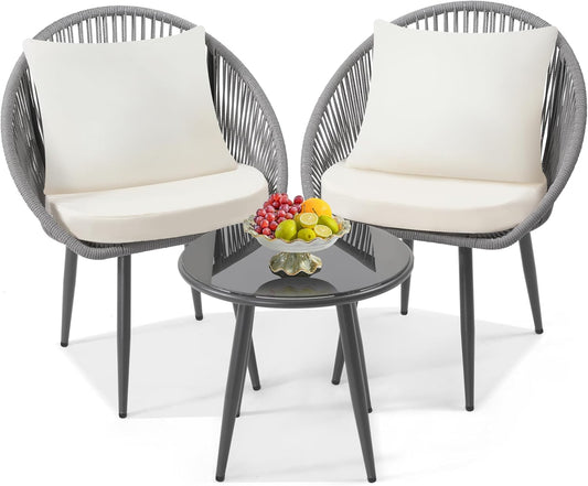 3 Pieces Bistro Set, Woven Rope Chair with Cushions, All Weather Patio Conversation Set and Side Table, Ideal for Deck, Balcony, Poolside, Grey