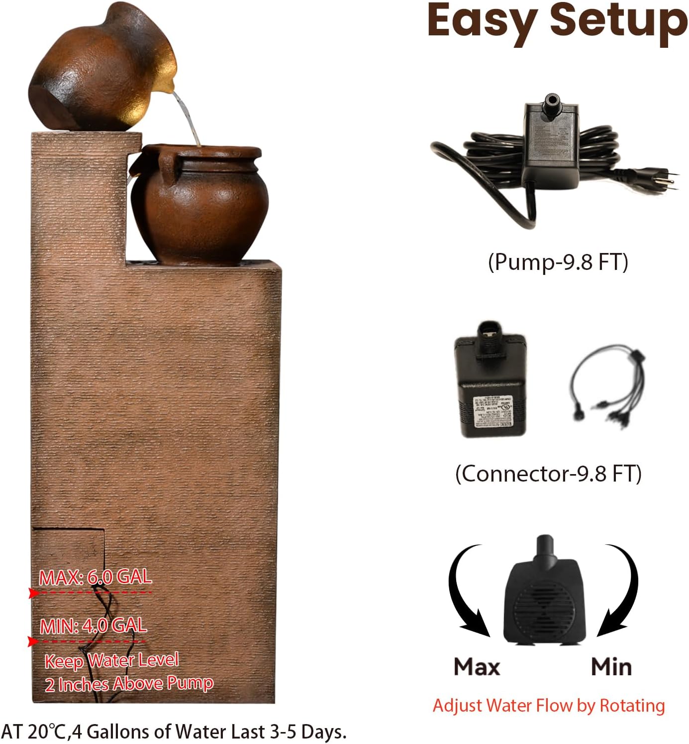 53" H Patio Water Fountain-The 4 Cascading Modern Feature Crocks Garden Fountains and Waterfalls with Warm Lights for Porch, Deck, Patio, Backyard Home Décor (Gold)