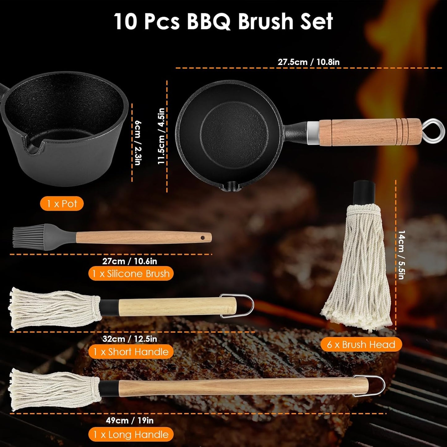 BBQ Mop Brush and Cast Iron Sauce Pot Set, 8Pcs Barbecue Accessories Include Basting Melting Pot, 2 Size Wooden Handle Sauce Mops with 4Pcs Replacements and Oil Brush for Meat Smoker, Grill, Stove