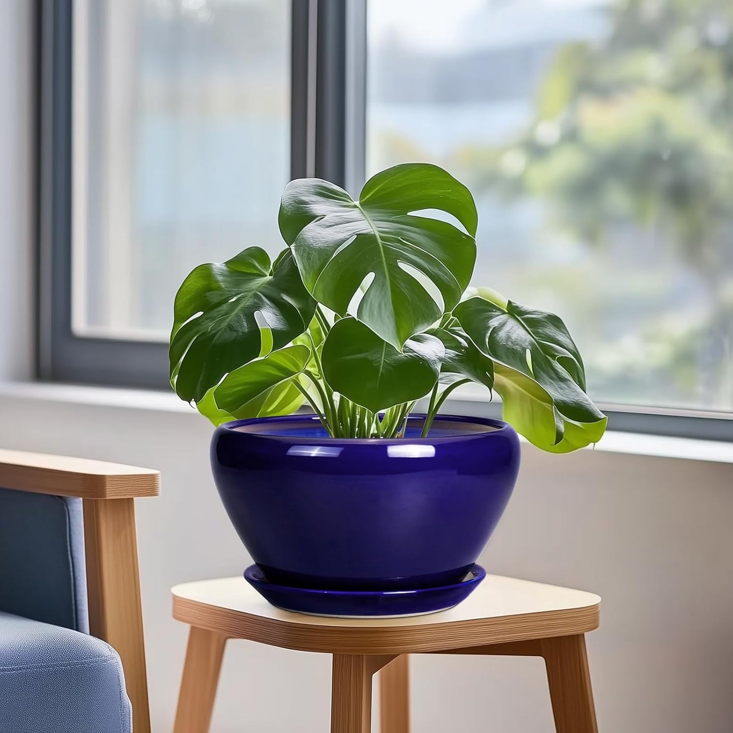 Planter for Indoor Plants 9 Inch - Ceramic Plant Pot for Indoor Plants Round Planter Outdoor Flower Pot with Drainage Hole and Saucer for Home Office Patio Decor Blue