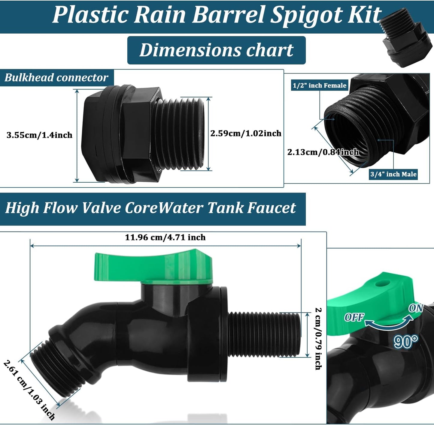 Plastic Rain Barrel Spigot Kit High Flow Water Barrel Faucet 1/2"NPT to 3/4"GHT Rain Barrel Valve with Bulkhead Fitting for Outdoor Plastic Bucket Garden Barrels