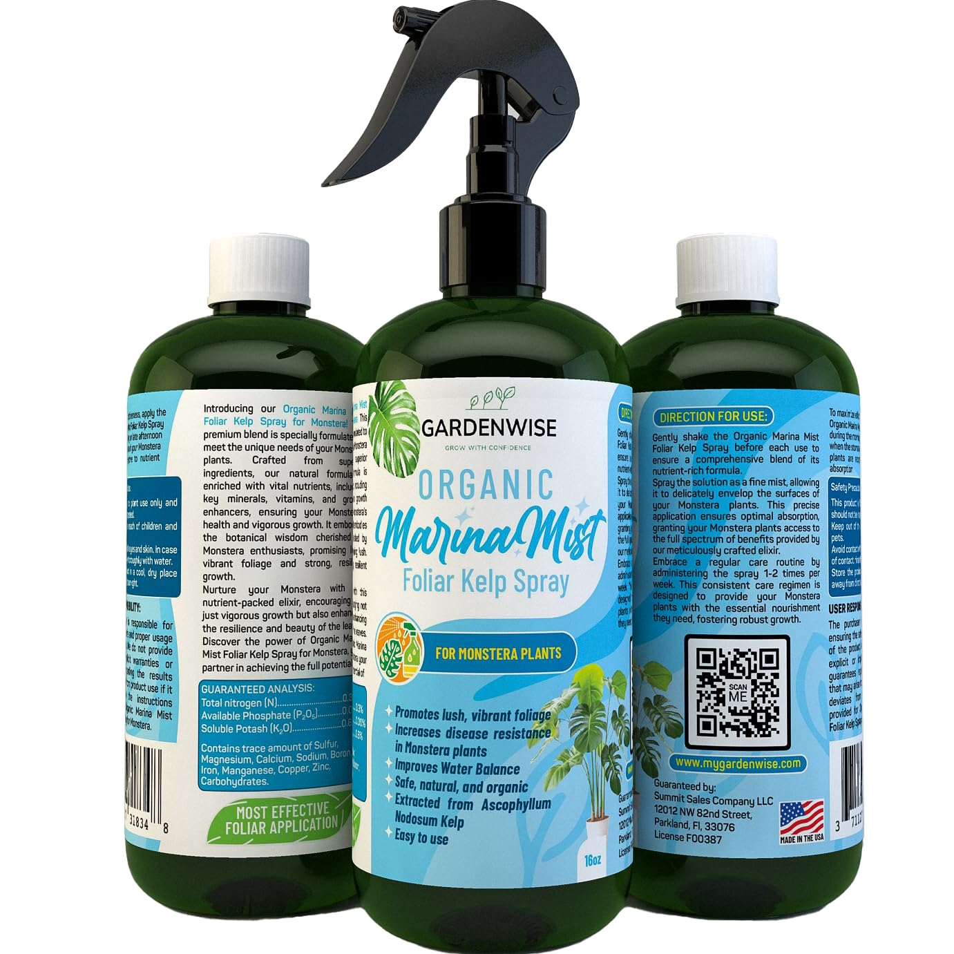 Organic Marina Mist Foliar Spray for Monstera, Philodendron, Elephant’s Ear and Other Tropical Houseplant | Liquid Fertilizer | Micro Nutrients for Vital Health | Liquid Plant Food (8 OZ)