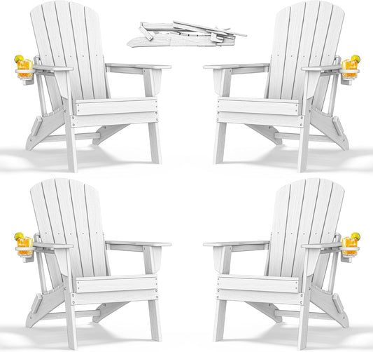 Folding Adirondack Chair - Extended Ergonomic Backrest, Cup Holder - Easy Assembly - Durable HDPE Plastic, Weather Resistant & Maintenance-Free - Lawn, Patio, Deck Supports 380lbs White
