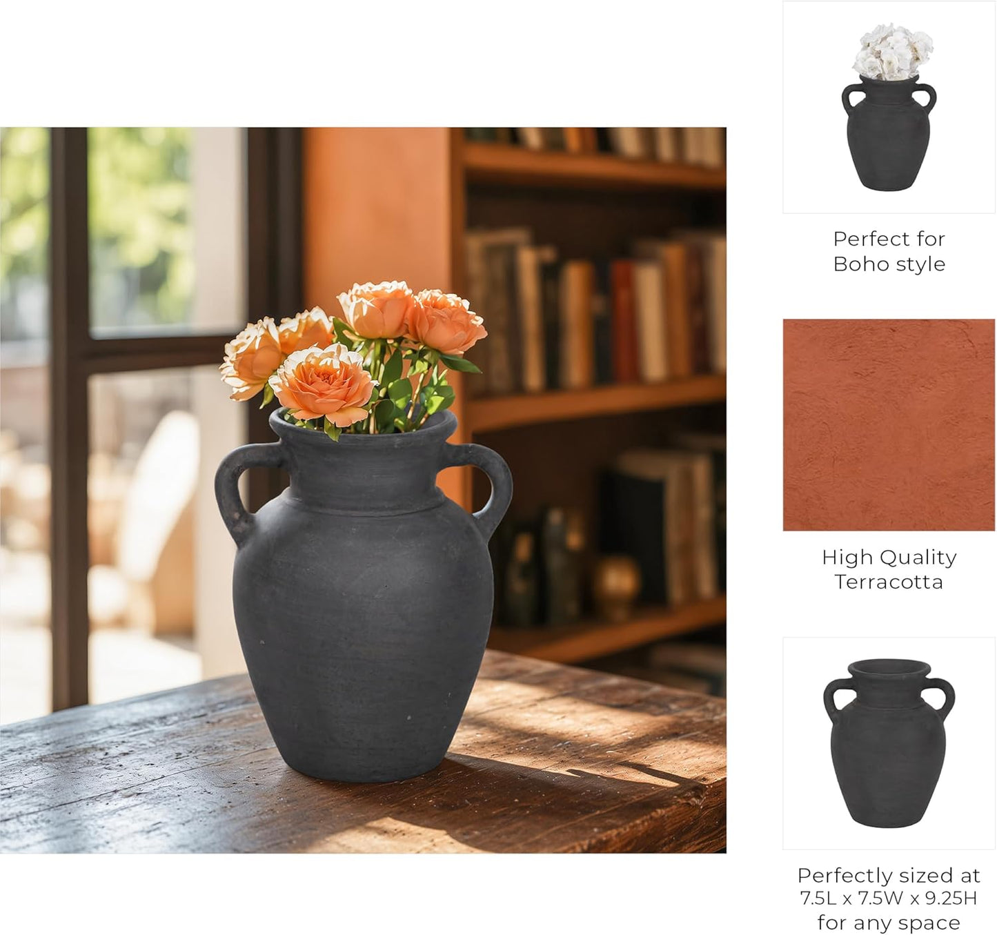 Sagebrook Home Black Boho Terracotta Vase - Amphora-Style Decorative Flower Holder for Home, Office & Living Room - 9" Black