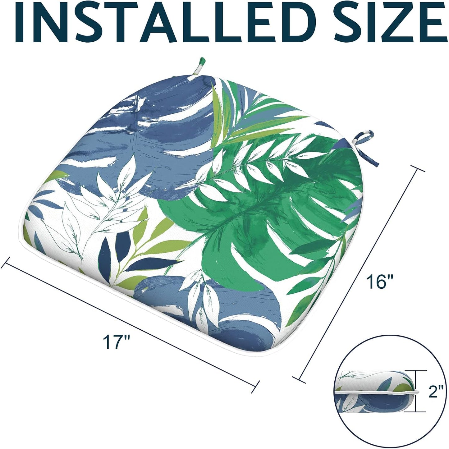 Indoor/Outdoor Chair Cushions 16x17 Inch, Patio Chair Cushions with Ties, All Weather Seat Cushions for Patio Furniture Home Garden Chair Use, Set of 2, Islamorada Blue Green