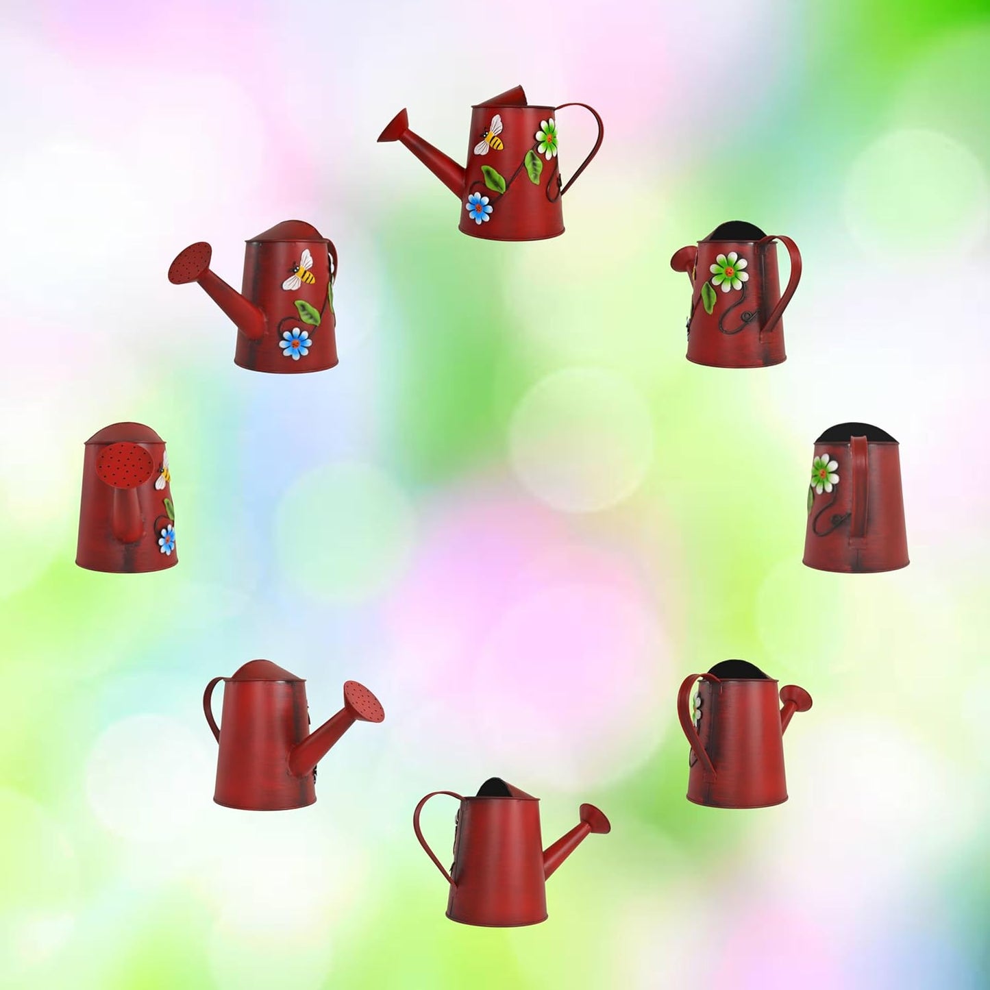 Decorative Wild Flower & Bee Metal Watering Can (Vol: 4 Cups) | Small Red Watering Can | Garden Décor Housewarming Gift for Mother Women Friends Gardeners