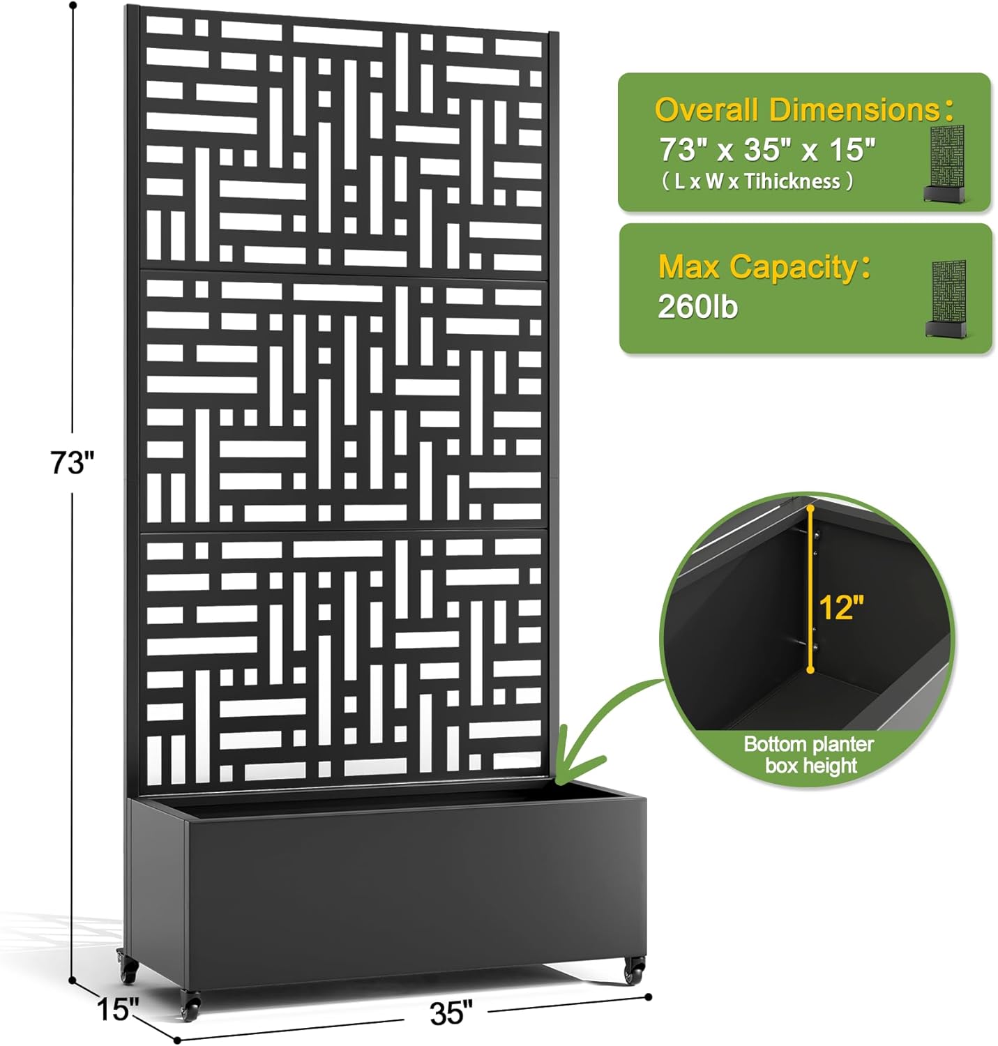 FENCY Metal Raised Garden Bed with Wheels and Trellis,73"x35"x16" Planter Box for Climbing Plants, Vegetables & Vines, Features Privacy Screen and Drainage Holes (Black-Geometric Lattice)