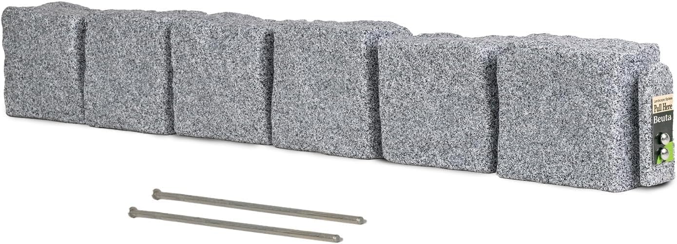 Beuta Landscape Edging | Garden Edging Border | Faux Stone Blocks for Lawn Edging, Flower Beds & Yard Edging – 1 Pack | Each Section Has 6 Blocks 48" L x 4" W x 6.5" H | 2 Spikes | Greystone