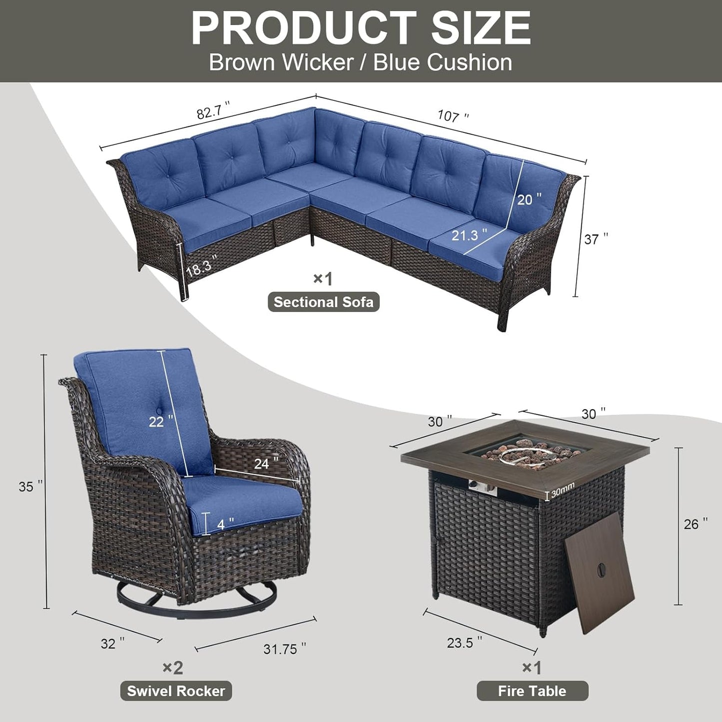 Outdoor Sectional Sofa Furniture Set with Propane Fire Pit Table, Wicker Patio Conversation Set with 2 Swivel Glider Rocker Chairs Blue Cushion Perfect for Backyard Casual Gathering