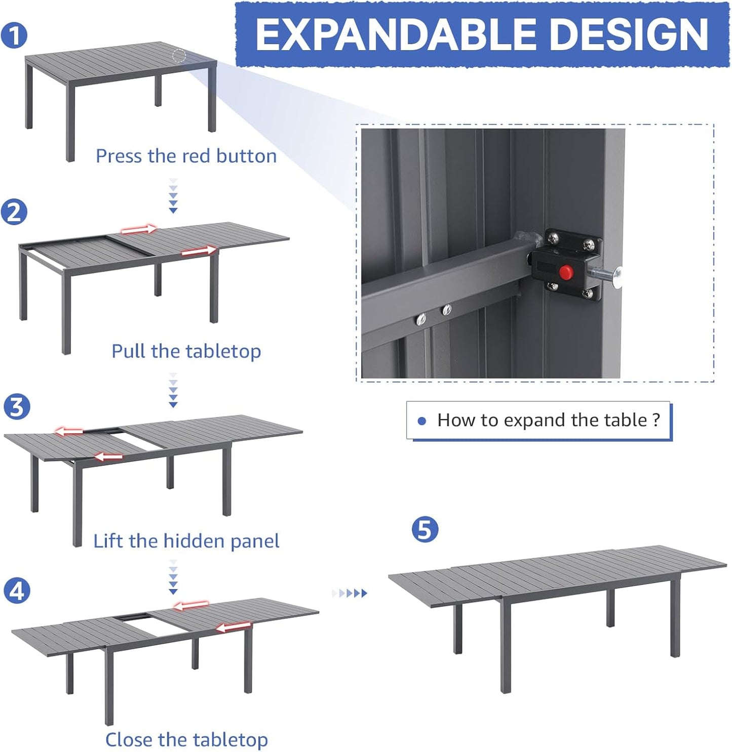 Soleil Jardin Aluminum Patio Extendable Dining Table, 63" - 105", Adjustable Indoor Outdoor Furniture Rectangle Table for 6-10 Person Porch Deck Garden, Dark-Grey