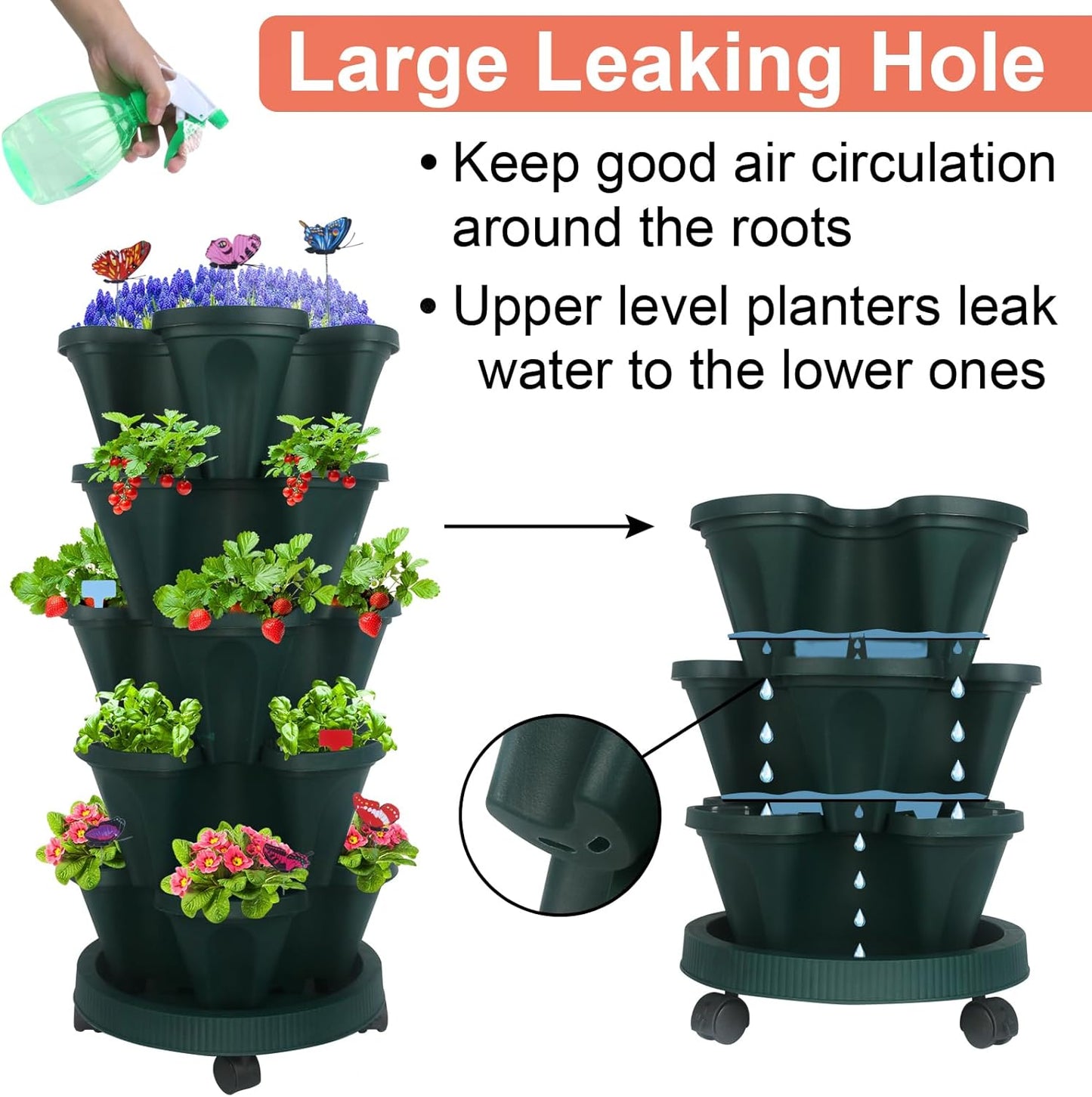 Vertical Planter, 5 Tier Stackable Strawberry Planter with Garden Tool Set, Movable Indoor/Outdoor Garden Herb Pot for Growing Vegetables and Succulents, Green