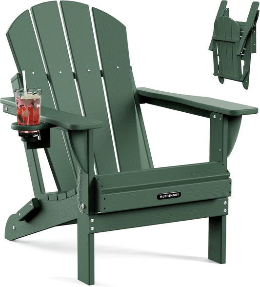 MUCHENGHY Folding Adirondack Chairs, Patio Chairs, Lawn Chairs, Outdoor Chairs, Adirondack Chair Plastic, Fire Pit Chairs, Weather Resistant with Cup Holder for Deck, Backyard, Garden(Green)