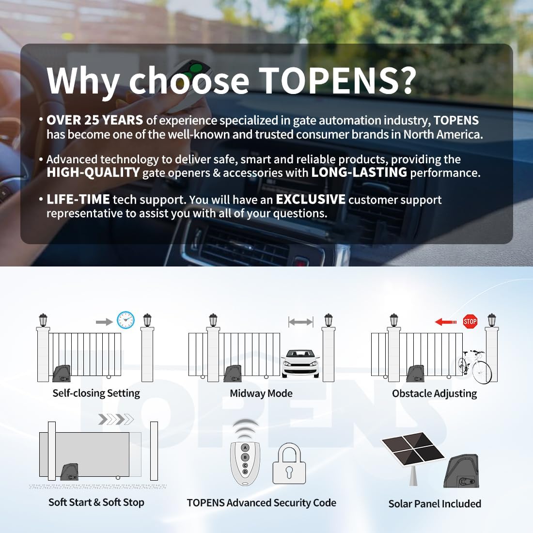 TOPENS DKR1100ST Solar Sliding Gate Opener Rack Drive Automatic Gate Motor for Heavy Driveway Slide Gates Up to 2600 Pounds, Electric Gate Operator Battery Powered with Solar Panel Remote Control Kit