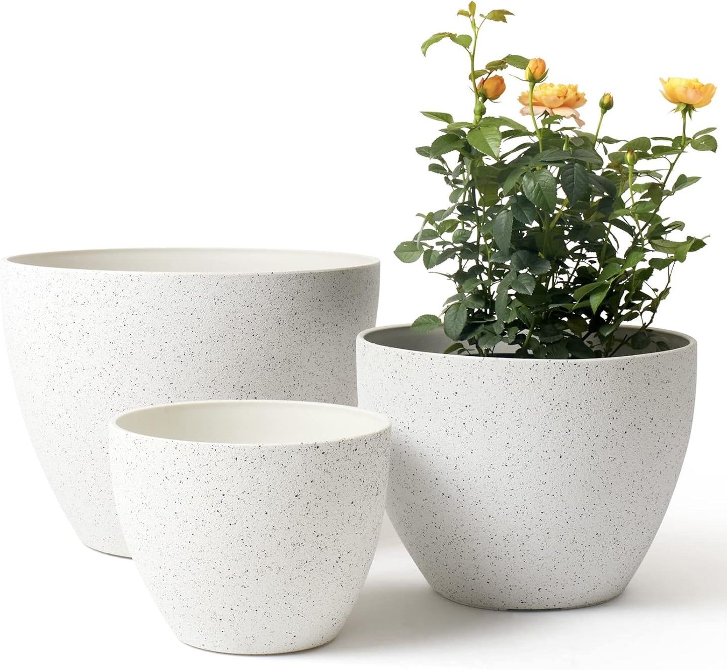 LA JOLIE MUSE 14.2/11.3/8.6 Inch Planters,Indoor/Outdoor White Planters Set of 3,Plant Container with Drain Holes,Flower Pots for Patio and Deck
