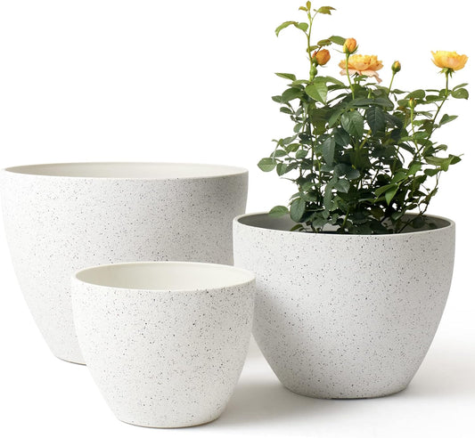 LA JOLIE MUSE 14.2/11.3/8.6 Inch Planters,Indoor/Outdoor White Planters Set of 3,Plant Container with Drain Holes,Flower Pots for Patio and Deck
