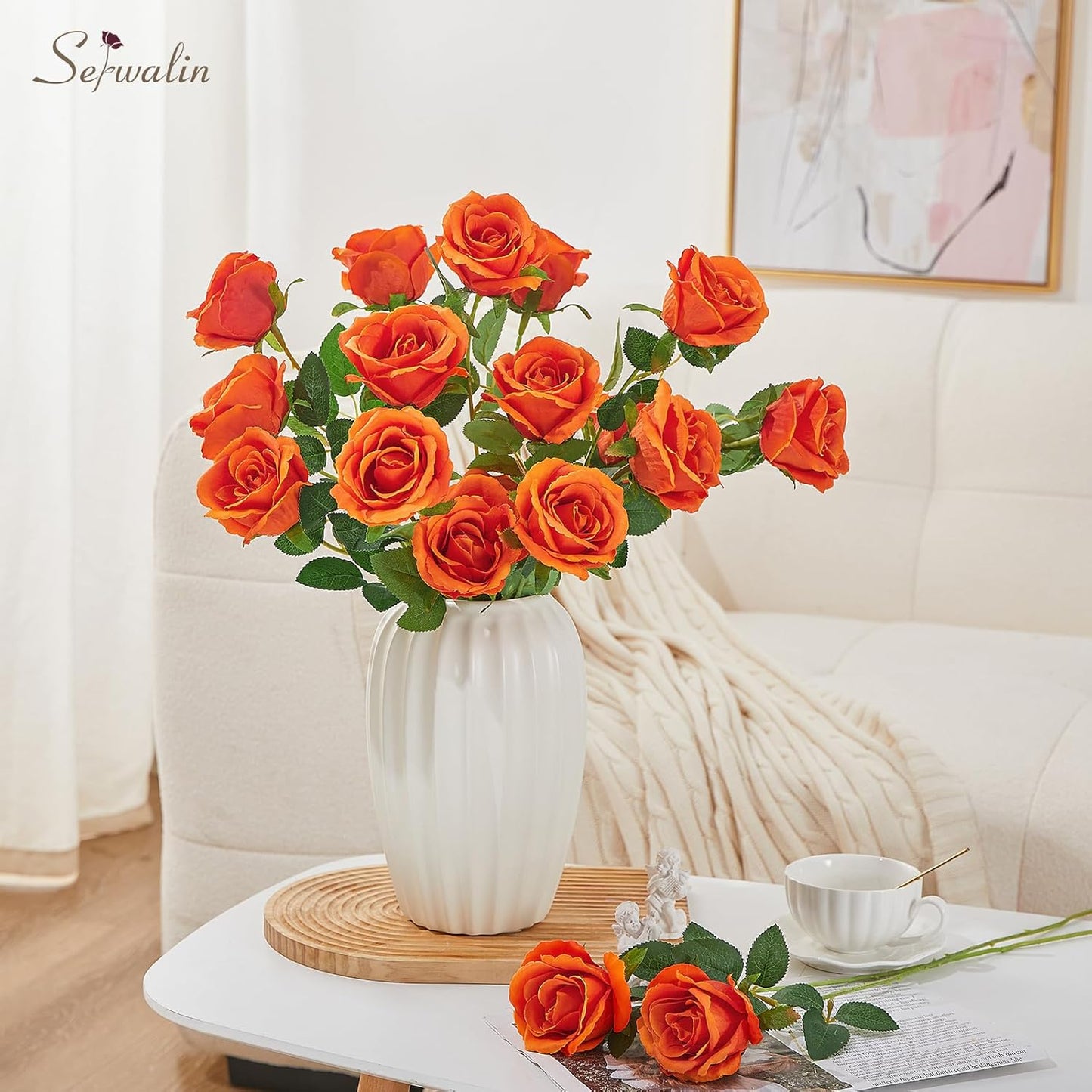 Serwalin 30pcs Artificial Roses Flowers, Orange Fake Roses with Long Stems Realistic Silk Roses for Wedding Bridal Bouquet Arrangement Centerpieces Party Home Decor