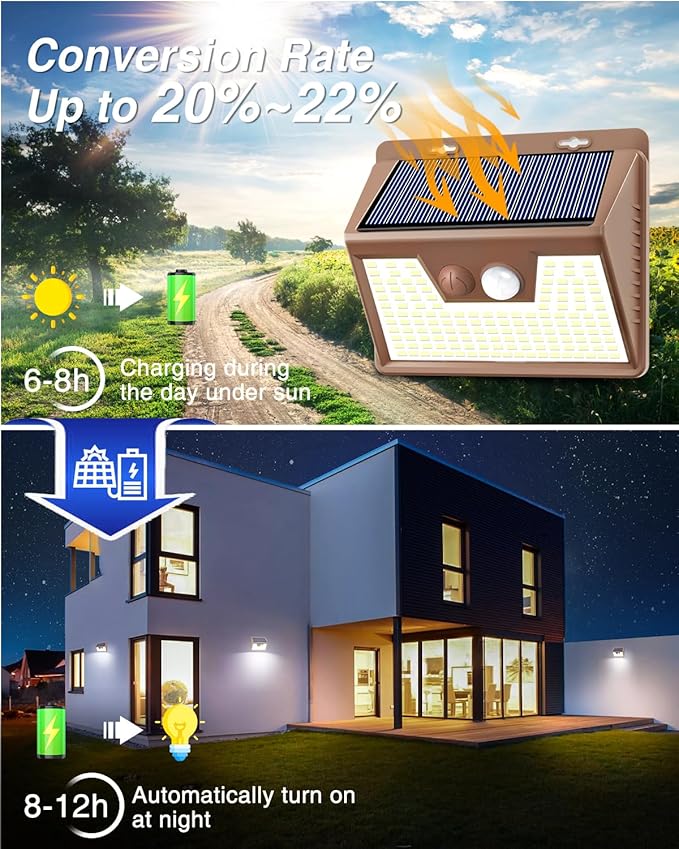 Peasur Brown Solar Lights Outdoor Waterproof, 6Pack 140LED Solar Powered Motion Sensor Lights, 3 Modes Solar Security Wall Lights for Fence Garden Yard Outside Cool White