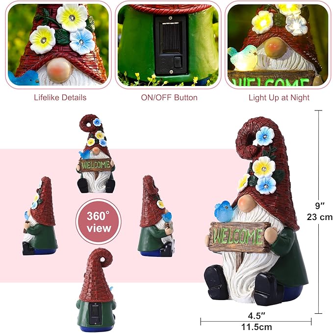 Welcome Gnome Solar Statue Decor for Yard Decorations - 10 Inch Gnome Statue Decor for Outdoor,Perfect Garden Gifts for Women,Mom