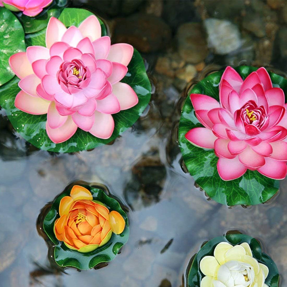 Superdream 4PCS Large Artificial Floating Lotus Flowers, Home Garden Pond Aquarium Wedding Decor (7inch) (Orange, Green, Purple, Pink)