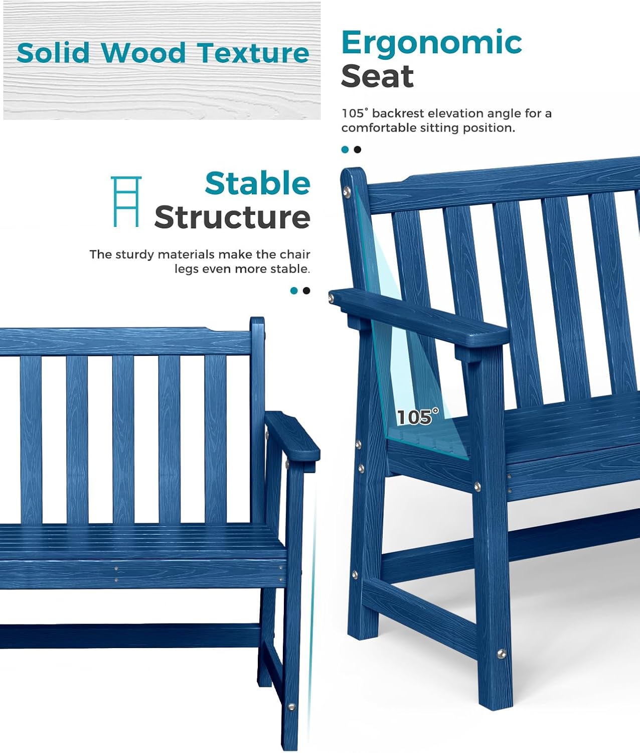 Outdoor Bench, 2-Person HDPE Garden Bench, All Weather Poly Patio Bench for Outdoors, Garden, Backyard, Porch and Park, 550 lbs Weight Capacity, Navy Blue, 2 Pack