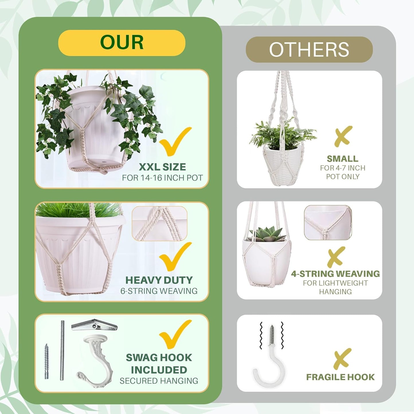 2 Pack Giant XXL 55 Inches Macrame Planter Hanger Large for 15 inch Pot + Swag Hook | Extra Large Hanging Planter for Indoor Plants | No Pot/Plant Included (XXL)