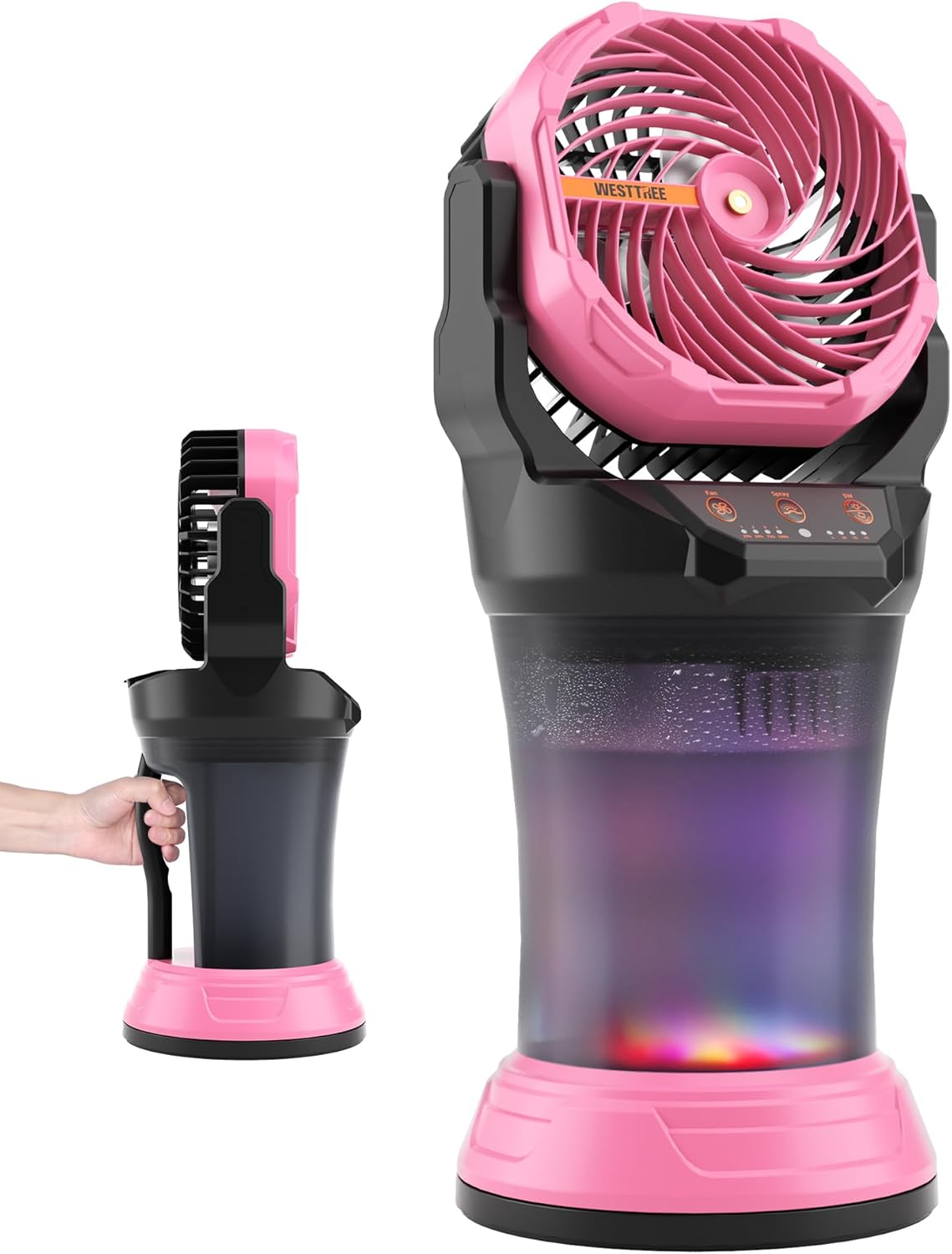 Portable Misting Fan with Large Battery Fan-Rechargeable Outdoor Misting Cooling Fans with 2L Water Tank,RGB Lights,4 Speeds & Spray Modes-for Patio, Camping, Beach, Workshop (Pink)