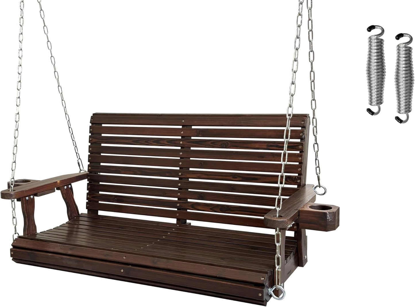 Wooden Porch Swing 2-Seater, High Backrest and Deep Seat, Bench Swing with Cupholders, Hanging Chains and 7mm Springs, Heavy Duty 880 LBS, for Outdoor Patio Garden (Deep Brown, 4 FT Extra Large)
