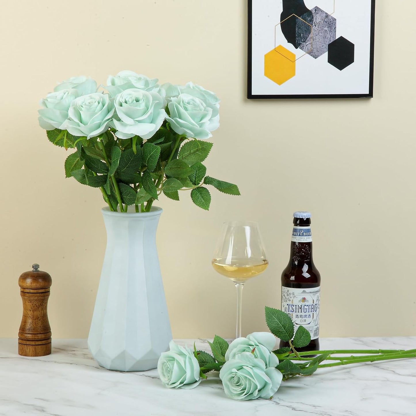 12pcs Roses Artificial Flowers Fake Roses Sage Green Silk Roses White Silk Flowers Rose with Long Stems for Wedding Home Party Centerpieces Decorations