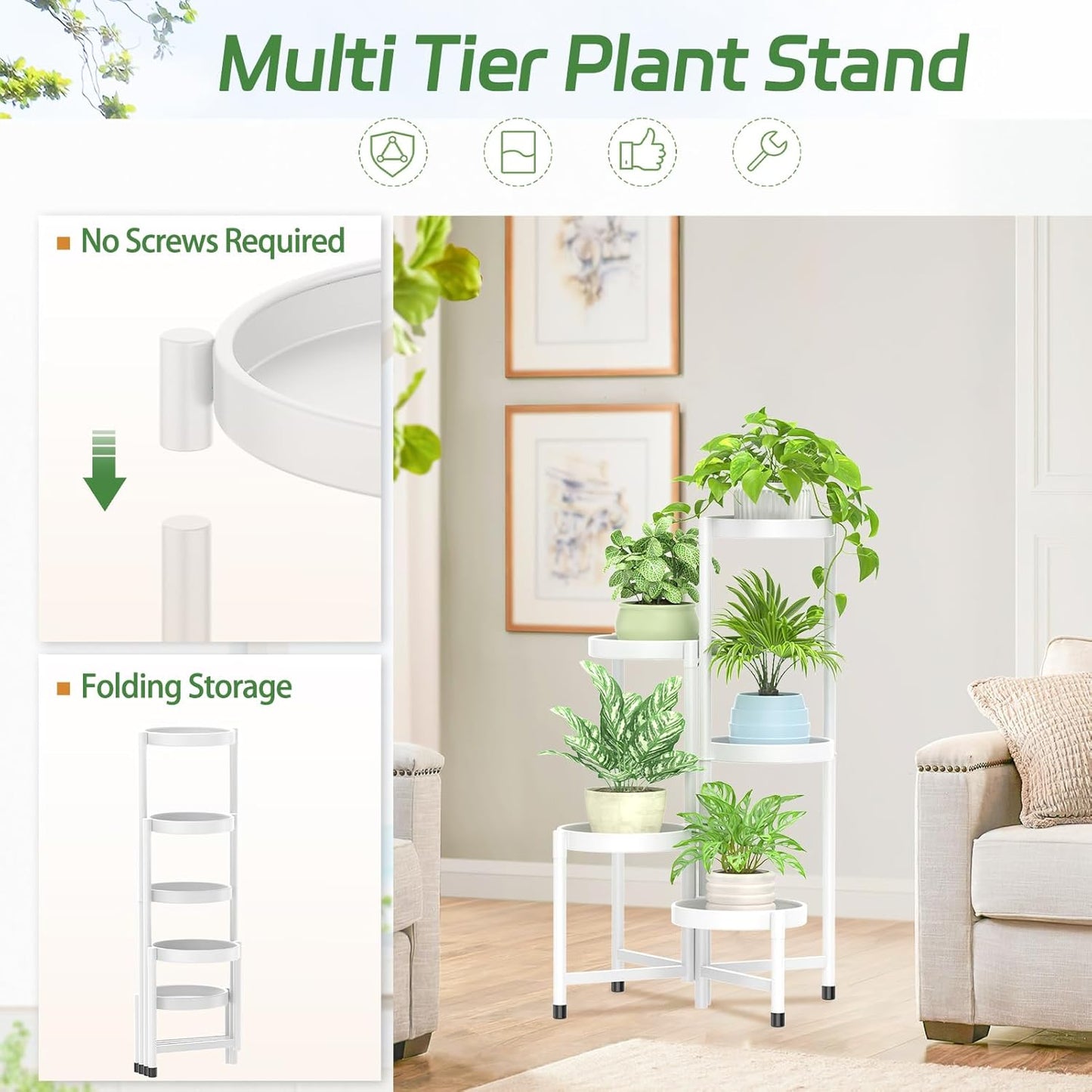 iDavosic.ly Plant Stand Indoor Outdoor, 5 Tier Corner Metal Flower Display Holder Shelf, Folding Tall Orchid Rack for Patio Balcony Porch Garden Living Room House, White