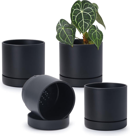 Phoenix Vine 6 Inch Planter Pot with Drainage Hole & Saucer, Deep Water Catch Tray, Straight Cylindrical Round Pot for Plants, Matte Black, Pack of 4, 23-C-S-4