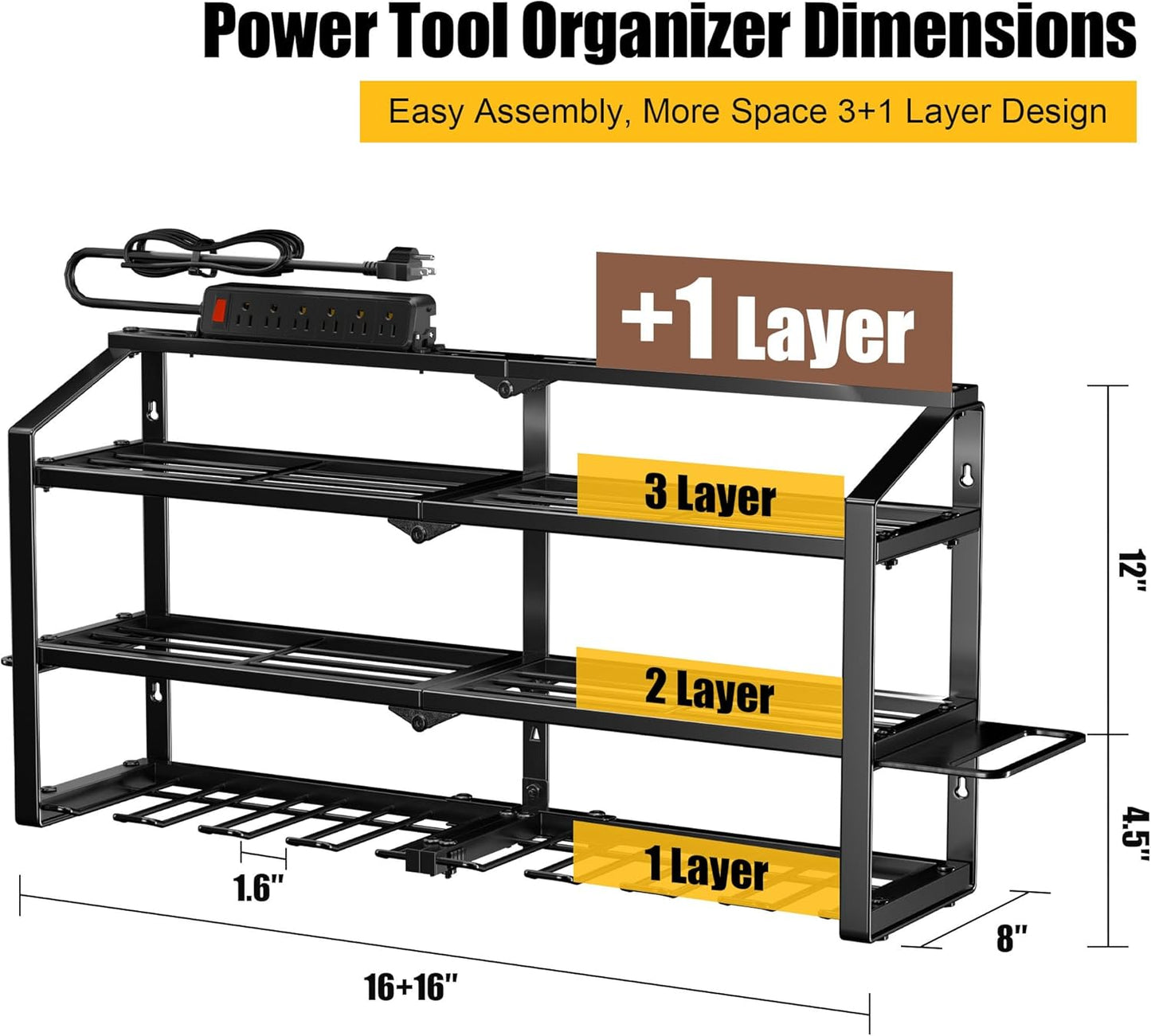 Power Tool Organizer Wall Mount with Charging Station, 3 Layers Storage Rack with 8 Cordless Drill Hangers, Tool Battery Holder Built in 6 Outlet Power Strip, Utility Racks for Garage Workshop