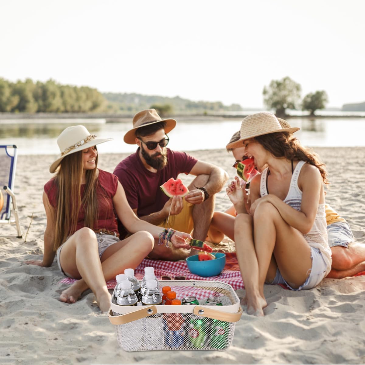 Portable Mesh Harvest Basket - Natural Bamboo Handle Foldable Organizer for Kitchen, Garden & Picnic | Ventilated Storage Bin with Rust-Proof Wire, Space-Saving Farmhouse Decor (White)