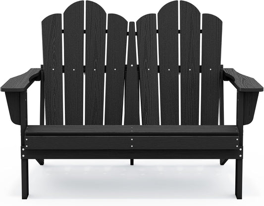 SERWALL Folding Adirondack Bench, HDPE All-Weather Adirondack Loveseat, 660 lbs Capacity, Foldable Outdoor Patio Bench for Deck, Lawn, Garden, Black