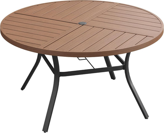 DIFY 53.1" Round Outdoor Patio Dining Table for 6-8, All-Weather Metal Steel Slatted Patio Table with 1.57" Adjustable Umbrella Hole, for Lawn Garden Porch Backyard, Walnut