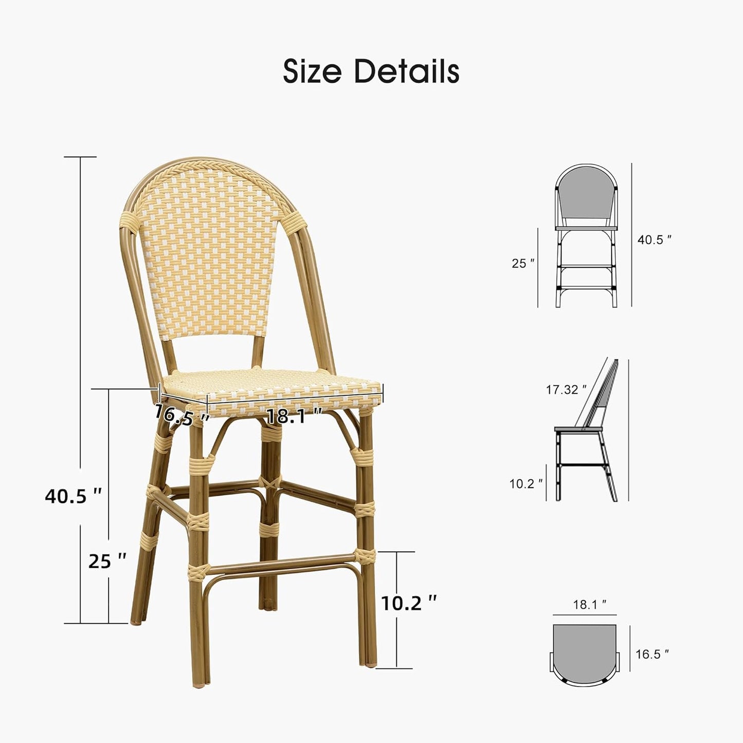 PURPLE LEAF French Counter Height Bar Stool Set of 2 25" Bamboo Print Finish Patio Bar Chairs with Back Rattan Bar Chairs French Bistro Set for Kitchen Outdoor Counter Stool Cream Yellow