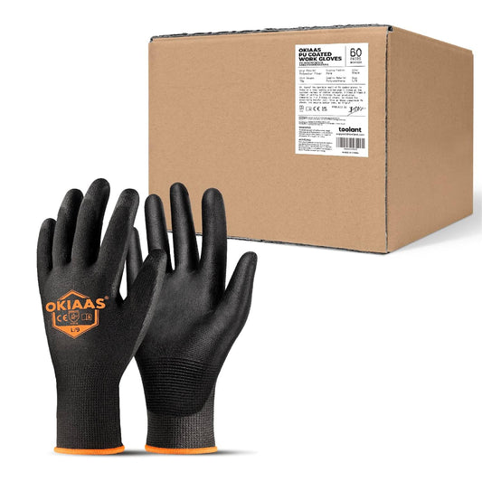 OKIAAS Work Gloves for Men，Ultra Thin and Lightweight Working Gloves with Grip, Bulk Case of 60 Pairs Construction Gloves with Polyurethane Coating, Safety Gloves for Light Duty Work (Black, Large)